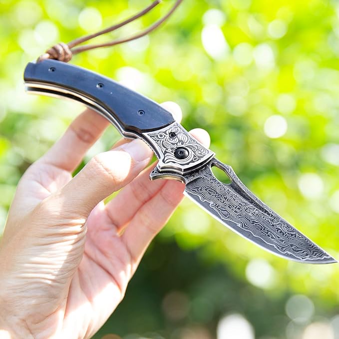 3.5in handmade japanese vg10 damascus steel blade folding pocket knife for men and women,leather sheath,ebony wood handle,liner lock,edc outdoor knives for camping