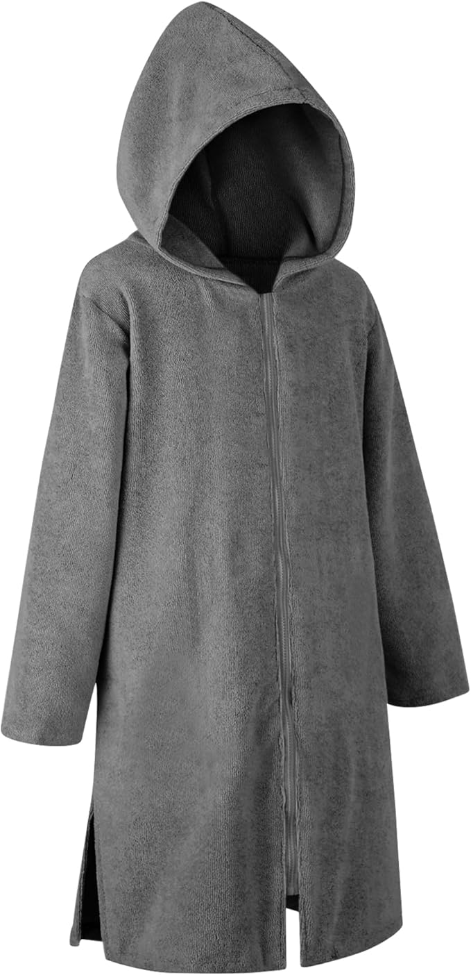 Weecreeture Hooded Towel Poncho with Zipper and Pocket, Surf Poncho for Men and Women, Beach Bath Changing Robe Cover Up Dark Gray L