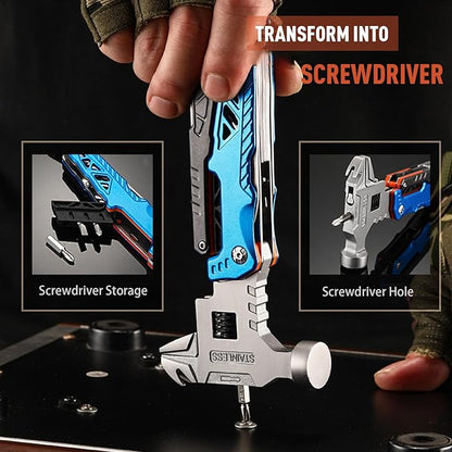 18-in-1 Adjustable Wrench Multitool Hammer, with 7-in-1 Camping Utensils Flatware Set, All-in-One Survival Camping Multi Tool, Hiking, and Everyday Use(Black)