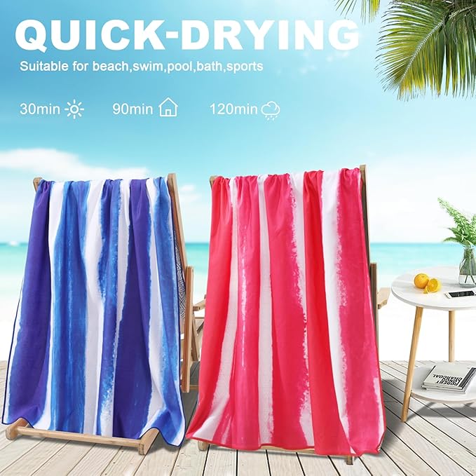 2 Pack Microfiber Oversized Beach Towel Lightweight Thin Sandproof Compact Quick Dry Clearance Towels Extra Large Sand Free Pool Travel Beach Essentials Accessories Women Men Adult Gift Pink Stripe