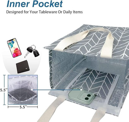 iknoe Insulated Lunch Bag for Women, 9L Sturdy Wide-Open Foldable & Portable Lunch Tote with Interior Pockets, Water-resistant Thermal Lunch Cooler for Adults Picnic Beach (Grey Waveform)