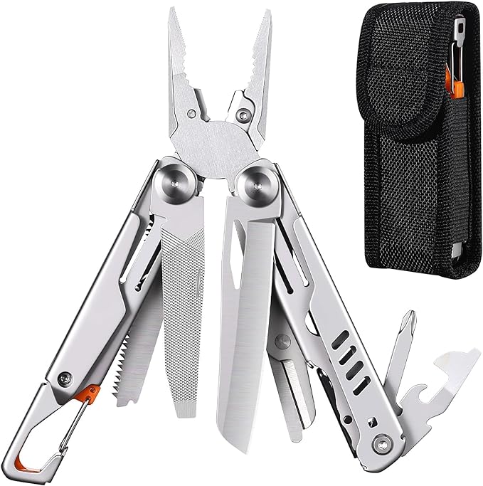 15-in-1 Multitool - Stainless Steel Pocket Knife with Nylon Sheath, Utility Tool for Camping, Hiking, and More, Multi-Functional Design with Secure Locking and Ergonomic Grip