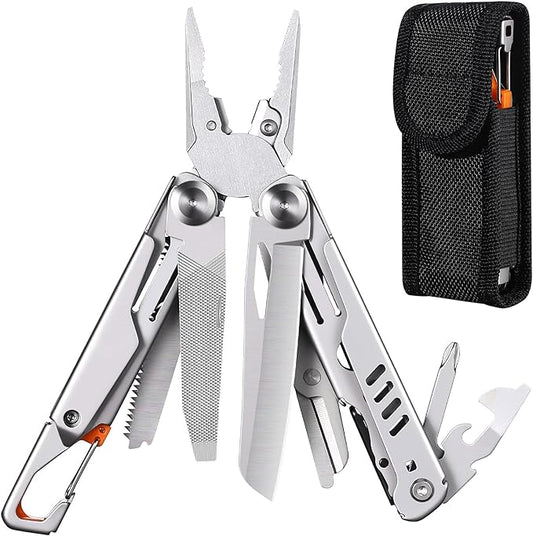 15-in-1 Multitool - Stainless Steel Pocket Knife with Nylon Sheath, Utility Tool for Camping, Hiking, and More, Multi-Functional Design with Secure Locking and Ergonomic Grip