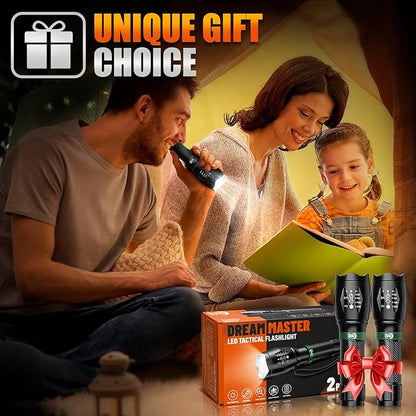 2 Pack LED Flashlights High Lumens with 6 AAA Batteries, 5 Modes Mini Waterproof Tactical Flashlight for Camping Hiking, Bright Flashlight with Zoomable, Fathers Day Dad Gifts for Him, Black & Green