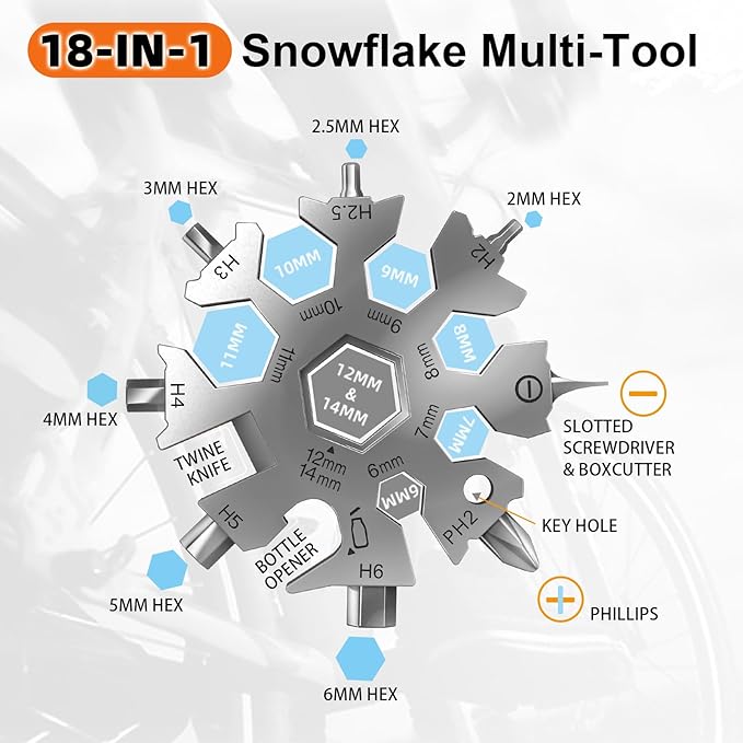2 Pack 18 in 1 Snowflake Multi Tool, Phillips Flat Screwdriver Kit/Wrench/Bottle Opener, EDC Camping Gear, Gifts for Men (Black+Silver)