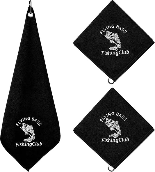 3 Pack Microfiber Fishing Towels with Clip 16’ x 16’ Camping Towel Black Hiking Towels Boat Towels Bait Towel Golf Towel For Man Women Camper Club Effective Cleaning of Fishing Gears Dirty Hands Body