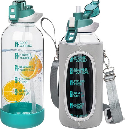64 oz Large Sports Glass Water Bottle with Straw & Time Marker, Motivational Half Gallon Daily Glass Drinking Bottle with Strap for Fruit Infused Water, Smoothie, Coffee