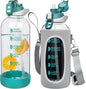 64 oz Large Sports Glass Water Bottle with Straw & Time Marker, Motivational Half Gallon Daily Glass Drinking Bottle with Strap for Fruit Infused Water, Smoothie, Coffee