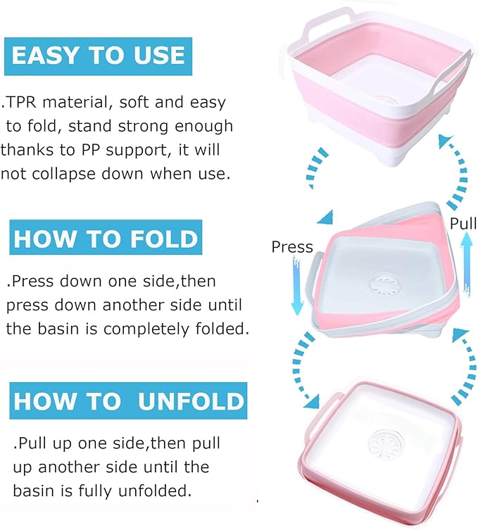 Dishpan for Washing Dishes,9L Collapsible Dish Tub Portable Sink,Wash Dish Basin,Foldable Laundry Tub,Washing Basin with Drain Plug,Dishpan for Kitchen Sink,Camping Dish Washing Tub,Pink
