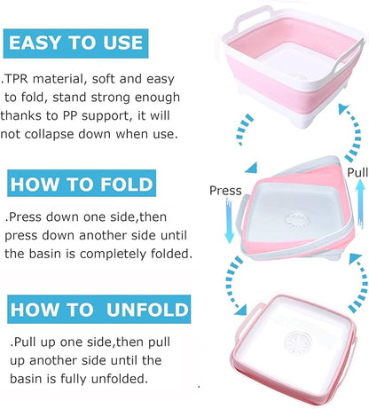 Dishpan for Washing Dishes,9L Collapsible Dish Tub Portable Sink,Wash Dish Basin,Foldable Laundry Tub,Washing Basin with Drain Plug,Dishpan for Kitchen Sink,Camping Dish Washing Tub,Pink