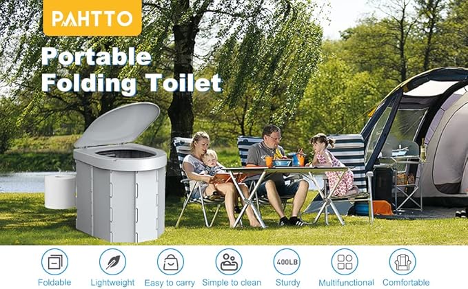 Portable Camping Toilet, Folding Toilet for Adults with Lid and Retractable Toilet Paper Holder, Waterproof Porta Potty with Carry Bag and Disposible Liners for Camping, Hiking, RV Travel, Road Trips