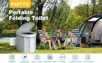 Portable Camping Toilet, Folding Toilet for Adults with Lid and Retractable Toilet Paper Holder, Waterproof Porta Potty with Carry Bag and Disposible Liners for Camping, Hiking, RV Travel, Road Trips