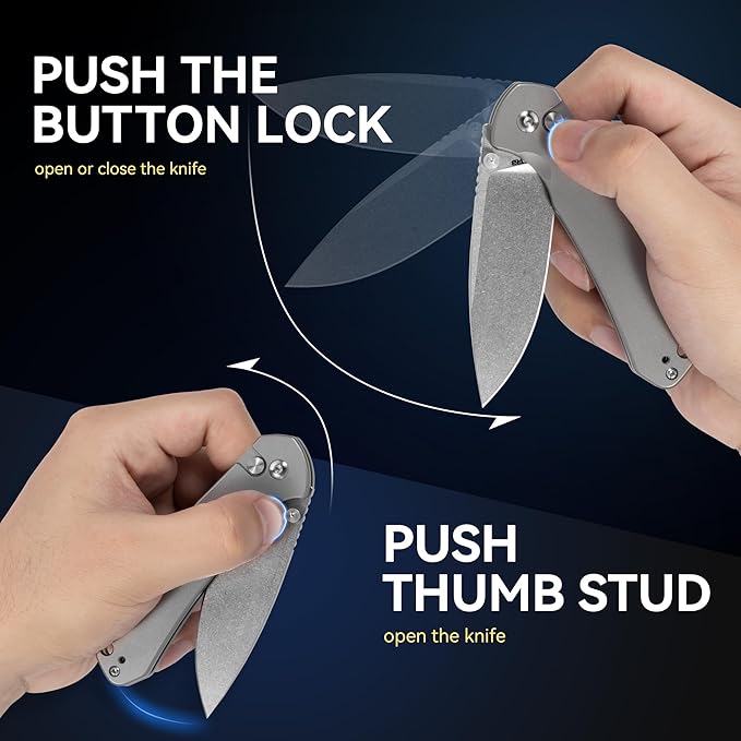 CJRB CUTLERY Pocket Knife Pyrite (J1925) Button Lock EDC Small Foldable Knife AR-RPM9 Steel Blade and Titanium Handle Silver Outdoor for Men Women for Gifts