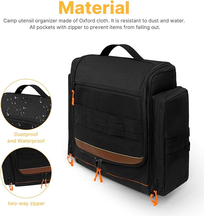 Large Tactical Hanging Camping Cookware Bag, Camping Kitchen Organizer with Paper Towel Holder and Multi Pockets, Camping Cooking Utensils Organizer for RV Tent Camper and Grilling, Bag Only (Black)