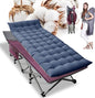 ABORON Folding Camping Cot W/Mat for Adults, Heavy Duty Outdoor Bed with Carry Bag,1200 D Layer Oxford Travel Camp Cots (1, Red Stripe with Blue Pad)