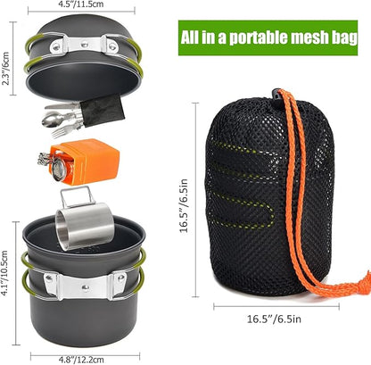 Camping Cookware Set Portable Backpacking Stove Kit, Mini Camp Stove with Non-Stick Lightweight Pots Pans and Stainless Steel Fork Knife Spoon for Outdoor Camping Hiking Cooking Gear