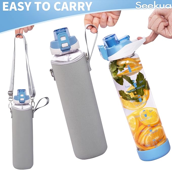 32 oz Sports Glass Water Bottle with Straw and Time Marker, Large Resuable Motivational Glass Drinking Bottle for Infused Water, Fruit, Smoothie, Coffee