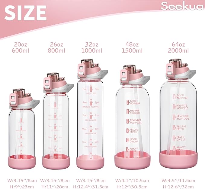 20 oz Sports Glass Water Bottle with Straw & Time Marker, Motivational Kids Daily Glass Drinking Bottle with Strap for Children, School