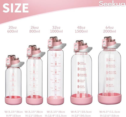 20 oz Sports Glass Water Bottle with Straw & Time Marker, Motivational Kids Daily Glass Drinking Bottle with Strap for Children, School