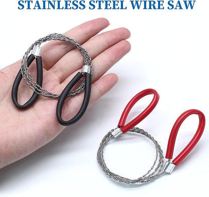 2 Pcs Survival Wire Saw, Heavy Duty Emergency Steel Wire Saw, Pocket Size Outdoor Tool for Cutting Wood Rubber Plastic (Black, Red)