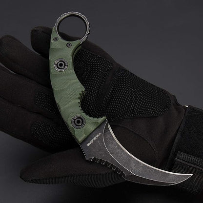 1911K Tactical Knife Fixed Blade Teeth Knife D2 curved Blade & G10 Handle for Outdoor Survival, Camping, Bushcraft and Hunting, with Sheath (Stonewashed OD Green, 180)