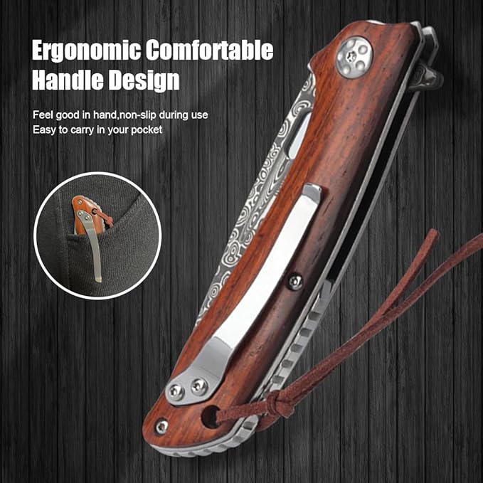 Damascus Pocket Knife with Clip Unique Rosewood Handle Cool Folding Knives Survival Knife for Gift for Men Women