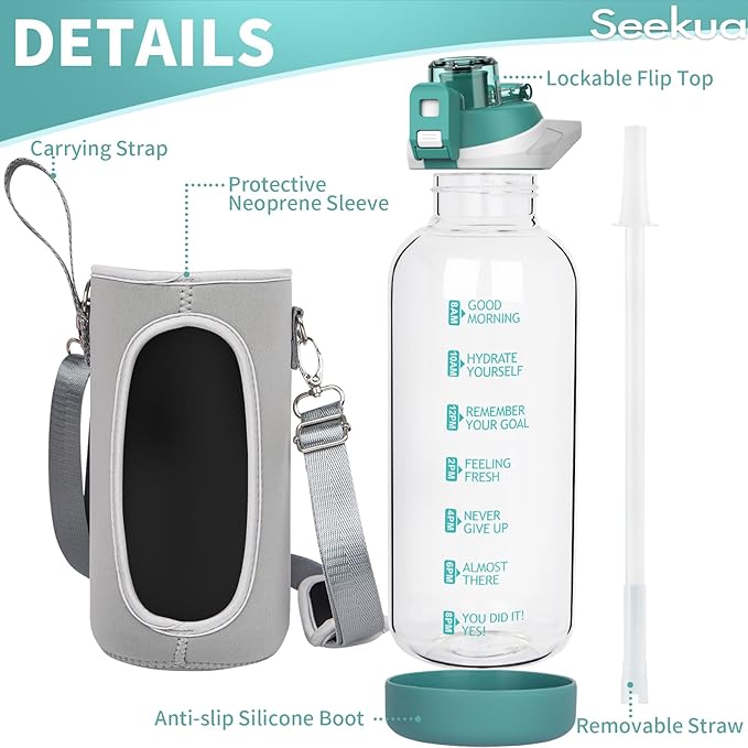 64 oz Large Sports Glass Water Bottle with Straw & Time Marker, Motivational Half Gallon Daily Glass Drinking Bottle with Strap for Fruit Infused Water, Smoothie, Coffee