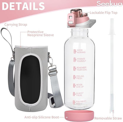 64 oz Large Sports Glass Water Bottle with Straw & Time Marker, Motivational Half Gallon Daily Glass Drinking Bottle with Strap for Fruit Infused Water, Smoothie, Coffee
