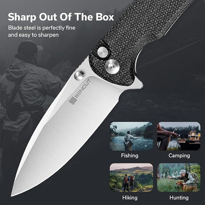 SENCUT Sachse Pocket Knife Folding Knife for EDC, Black Micarta Handle Satin 9Cr18MoV Blade Foldable Small Knife with Clip, Button Lock Everyday Carry Knife for Men Women Indoor Outdoor Gift S21007-1