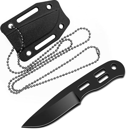 EDC Small Fixed Blade Neck Knife with Kydex Sheath, Cute Mini Necklace Knife for Men and Women -440C Steel Full Tang Design - Survival, Hunting, Camping, Hiking Cutting Tools (Black)