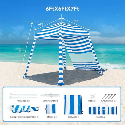 Grandekor 6'x6' UPF 50+ UV Protection Beach Cabana Canopy Portable Instant Setup with Sand Anchors Hanging Hooks Sidewalls Family Beach Outings Outdoor Shade Shelter Windproof Sand Pockets