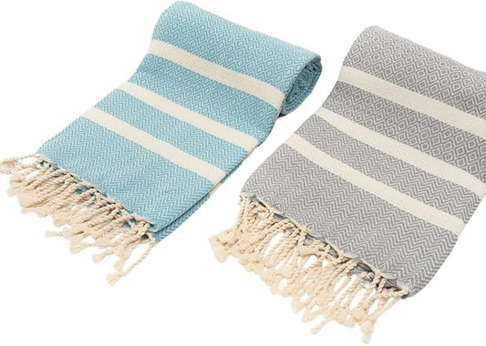 2 Oversize Cotton Travel Towel Pack Quick Dry Camping Pool Hiking Compact Vacuum Sealed Lightweight Absorbent Turkish Beach Blanket Pool Swim Camp (Turquoise Blue and Silver Gray)