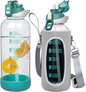 48 oz Large Sports Glass Water Bottle with Straw & Time Marker, Motivational Daily Glass Drinking Bottle with Strap for Fruit Infused Water, Smoothie, Coffee