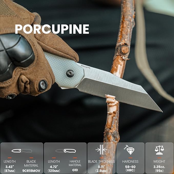 Kizer Porcupine Pocket Knife, Folding Knife 3.43 Inches 9Cr18MoV Steel Blade, Jade G10 EDC Tactical Survival Knife for Man and Women, Portable Hunting Camping Knife L3008A1