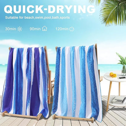 2 Pack Microfiber Oversized Beach Towel Lightweight Thin Sandproof Compact Quick Dry Clearance Towels Extra Large Sand Free Pool Travel Beach Essentials Accessories Women Men Adult Gift Blue Stripe