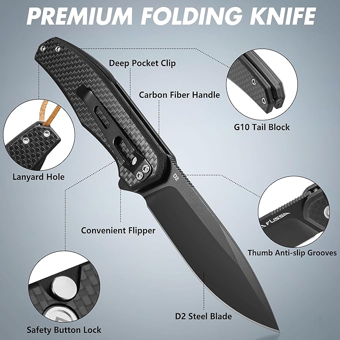 FLISSA Folding Pocket Knife, 4.5" Carbon Fiber Handle EDC Knife with D2 Steel Blade, Button Lock and Pocket Clip, Tactical Knives for Men Women, Uesd for Outdoor, Survival, Hunting and Camping