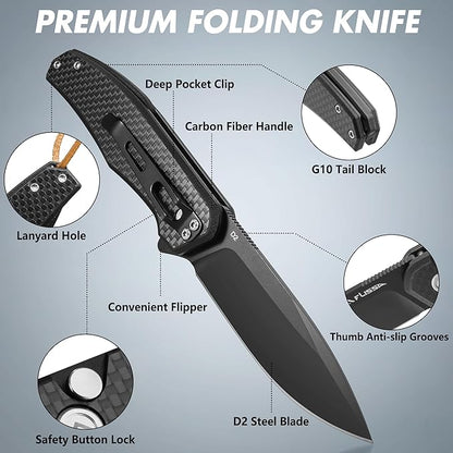 FLISSA Folding Pocket Knife, 4.5" Carbon Fiber Handle EDC Knife with D2 Steel Blade, Button Lock and Pocket Clip, Tactical Knives for Men Women, Uesd for Outdoor, Survival, Hunting and Camping