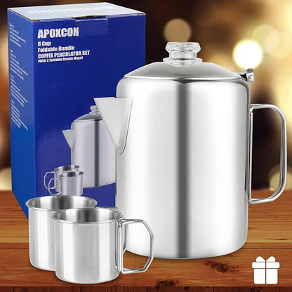 Coffee Percolator Bundle with 2 Mugs Stainless Steel Coffee Maker with Heat Resistant Tough Glass Knob & Foldable Handle Using on any Stovetop Outdoor Camping NO Aluminum NO Plastic (8 Cup)