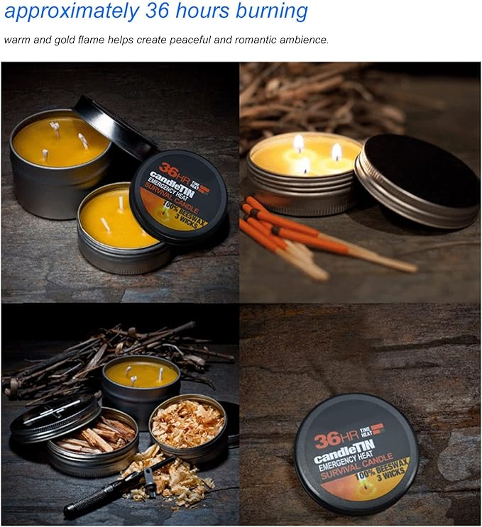 3 Wick Survival Candle, Beeswax Emergency Candle Natural Aroma 36 Hour Long Burning Candles, Outdoor Emergency Candle Light Source for Blackout, Camping, Fishing, Hunting