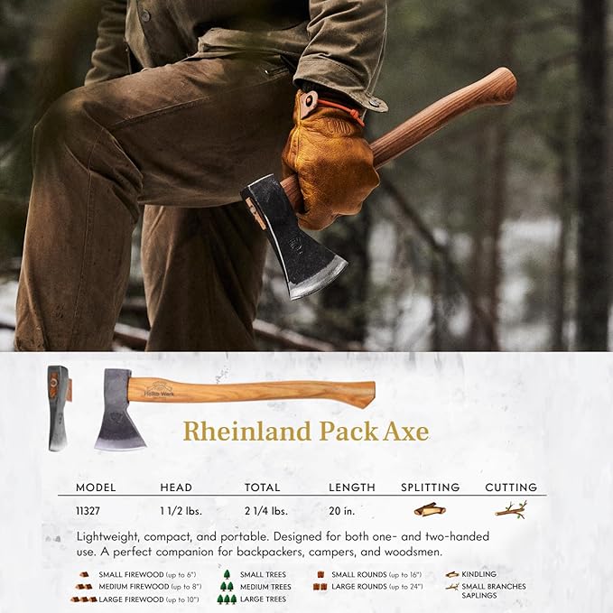 1844 Helko Werk Germany Traditional Rheinland Pack Axe - Made in Germany Compact Lightweight Axe for backpacking camping Long Hatchet - Head 1.5 lbs, Handle 20 in. (Rheinland Pack Axe) #11327