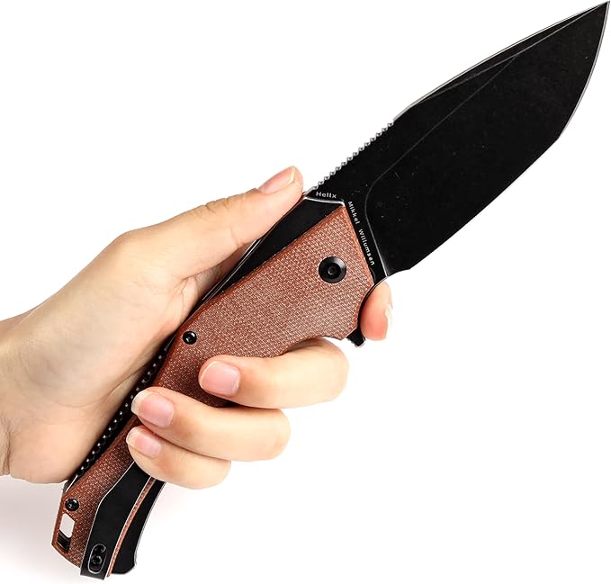KANSEPT Hellx Pocket Folding Knives Button Lock for Men EDC Pocket Knife 3.6'' Black Stonewashed D2 Blade Excellent Folding Knife with Brown Micarta Handle EDC Knife T1008F2