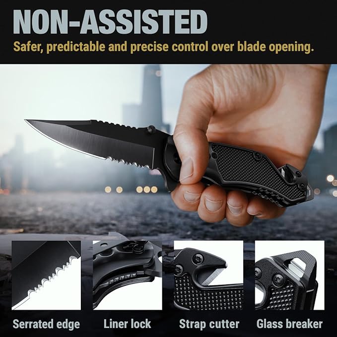 2.95” Serrated Blade Pocket Knife - Black Folding Knife with Glass Breaker and Seatbelt Cutter - Small EDC Knife with Pocket Clip for Men Women - Sharp Tactical Camping Survival Hiking Knives 6680