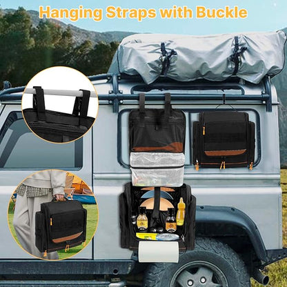 Large Tactical Hanging Camping Cookware Bag, Camping Kitchen Organizer with Paper Towel Holder and Multi Pockets, Camping Cooking Utensils Organizer for RV Tent Camper and Grilling, Bag Only (Black)
