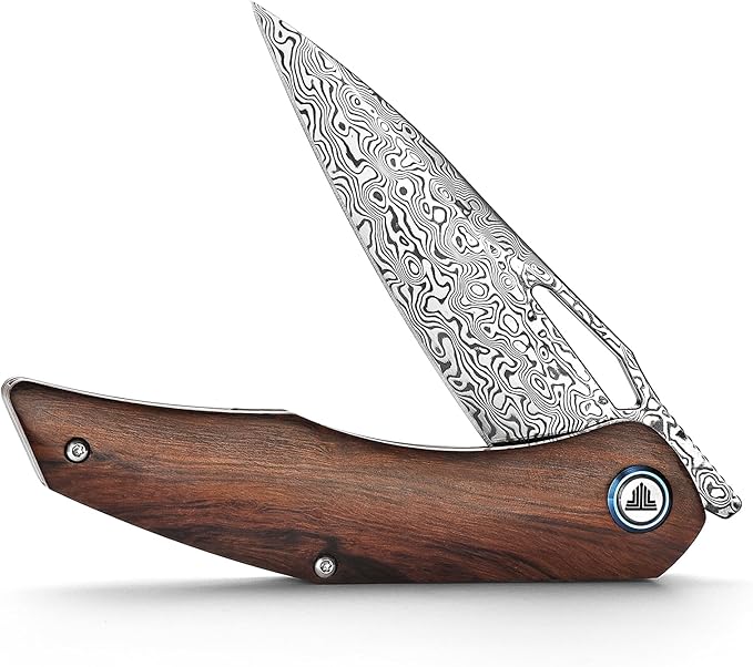 3.62'' Damascus Folding Pocket Handmade Knife for Men With Clip, Front Flipper Utility Knife for Best EDC Outdoor Camping Hiking Work Knives,Ironwood Handle &Ti Ring.Taurus-01i