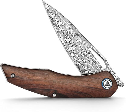 3.62'' Damascus Folding Pocket Handmade Knife for Men With Clip, Front Flipper Utility Knife for Best EDC Outdoor Camping Hiking Work Knives,Ironwood Handle &Ti Ring.Taurus-01i