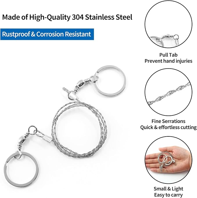 3 Pack Stainless Steel Wire Saw Emergency Saw Kit, Camping Wire Saw Mini Backpacking Saw, Cable Cutting String Bone Rope Saw, Travel Chainsaw for Wood Cutting Hiking Hunting (Ring Handle)