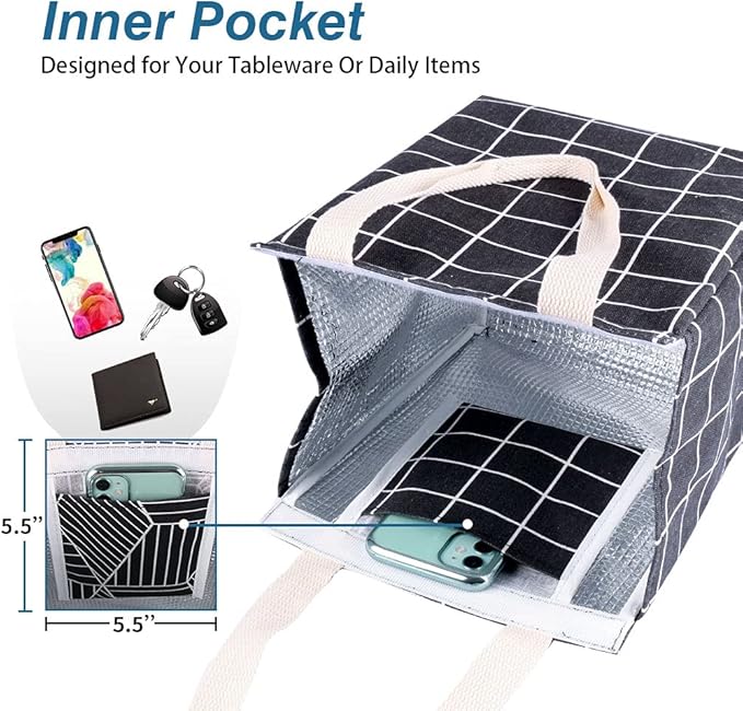 iknoe Insulated Lunch Bag for Women, 9L Sturdy Wide-Open Foldable & Portable Lunch Tote with Interior Pockets, Water-resistant Thermal Lunch Cooler for Adults Picnic Beach-Black Plaid