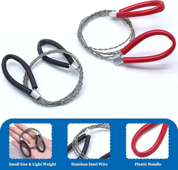2 Pcs Survival Wire Saw, Heavy Duty Emergency Steel Wire Saw, Pocket Size Outdoor Tool for Cutting Wood Rubber Plastic (Black, Red)
