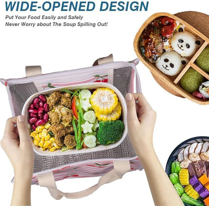 iknoe Insulated Lunch Bag for Women, 9L Durable Wide-Open Foldable & Portable Lunch Tote with Interior Pockets, Water-Resistant Thermal Lunch Cooler for Adults Picnic Beach (Cherry)