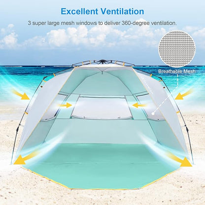 WolfWise Pop Up XL Beach Tent 99" Wide for 4-6 Person UPF 50+ Portable Instant Sun Shelter Canopy Umbrella with Extended Zippered Porch
